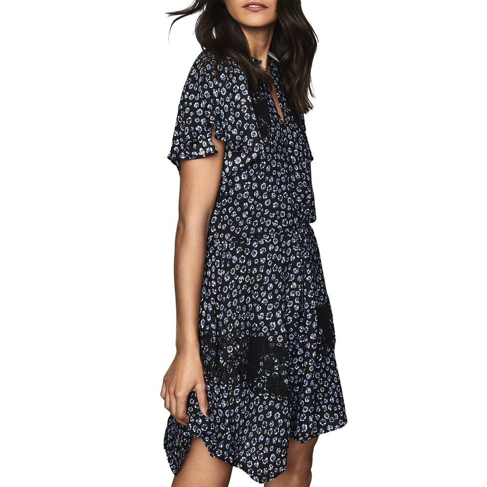 Reiss Amalia Ditsy Floral Print Lace Inset Dress Blue Black Tunic SZ 12 US